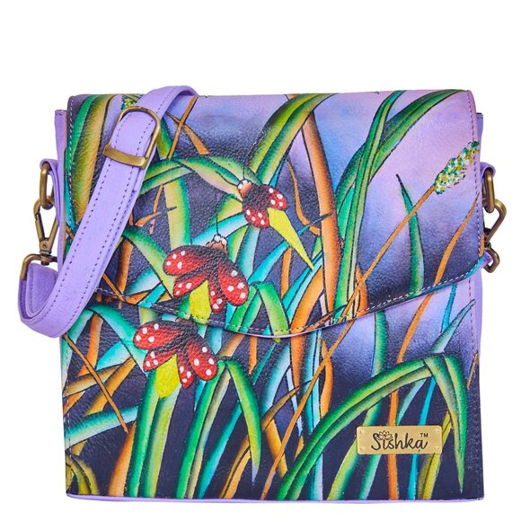 Women's Hand Painted Nature’s Elegance Leather Flap-Over Crossbody Sling Bag - Picture 1 of 7